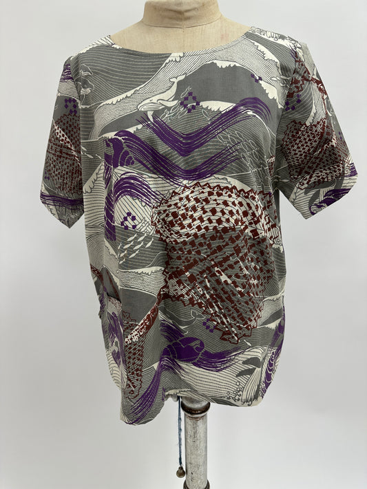 Day Blouse | Fans & Shells on Whale Print | Brown & Hibiscus on Grey