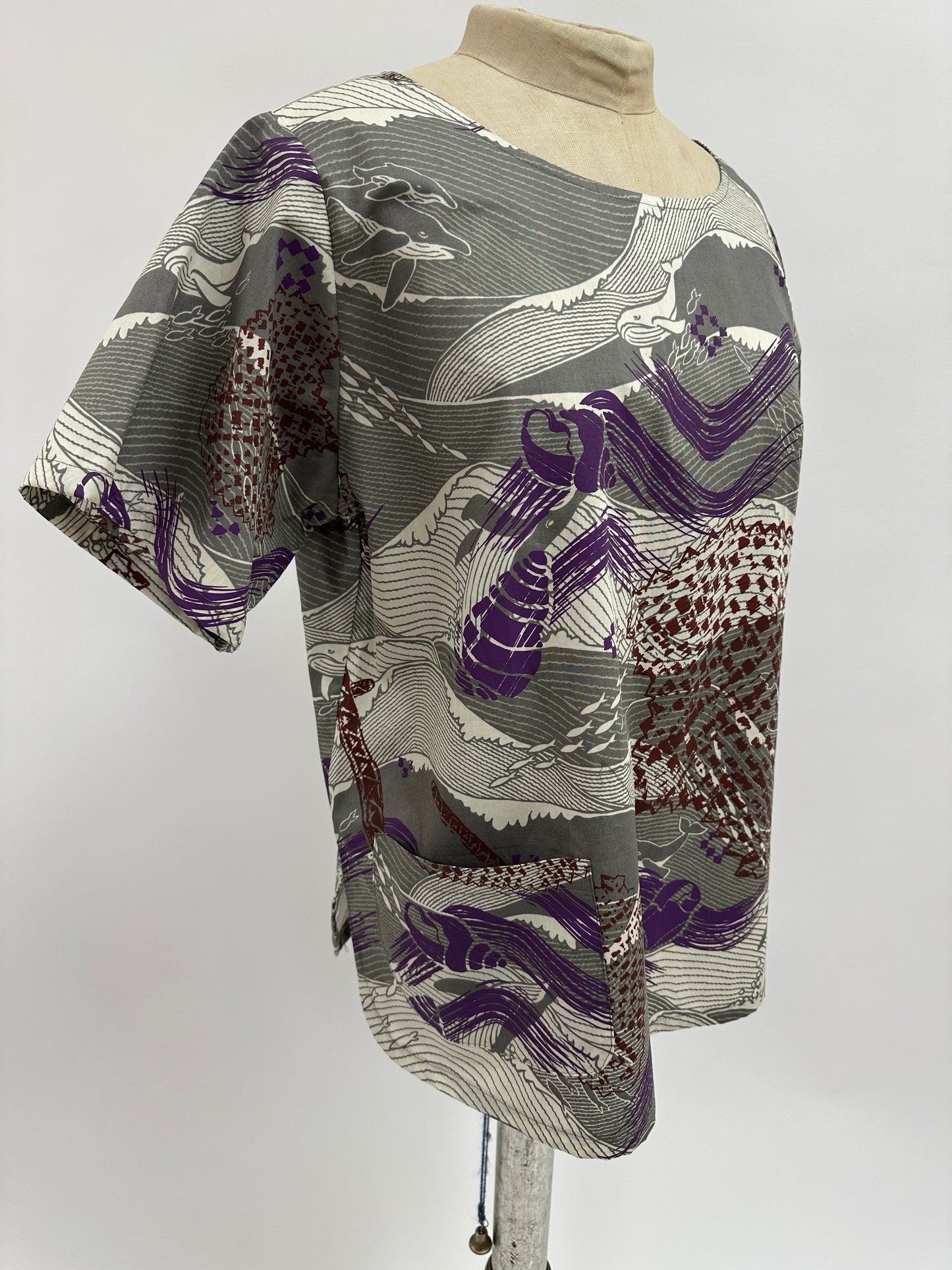 Day Blouse | Fans & Shells on Whale Print | Brown & Hibiscus on Grey