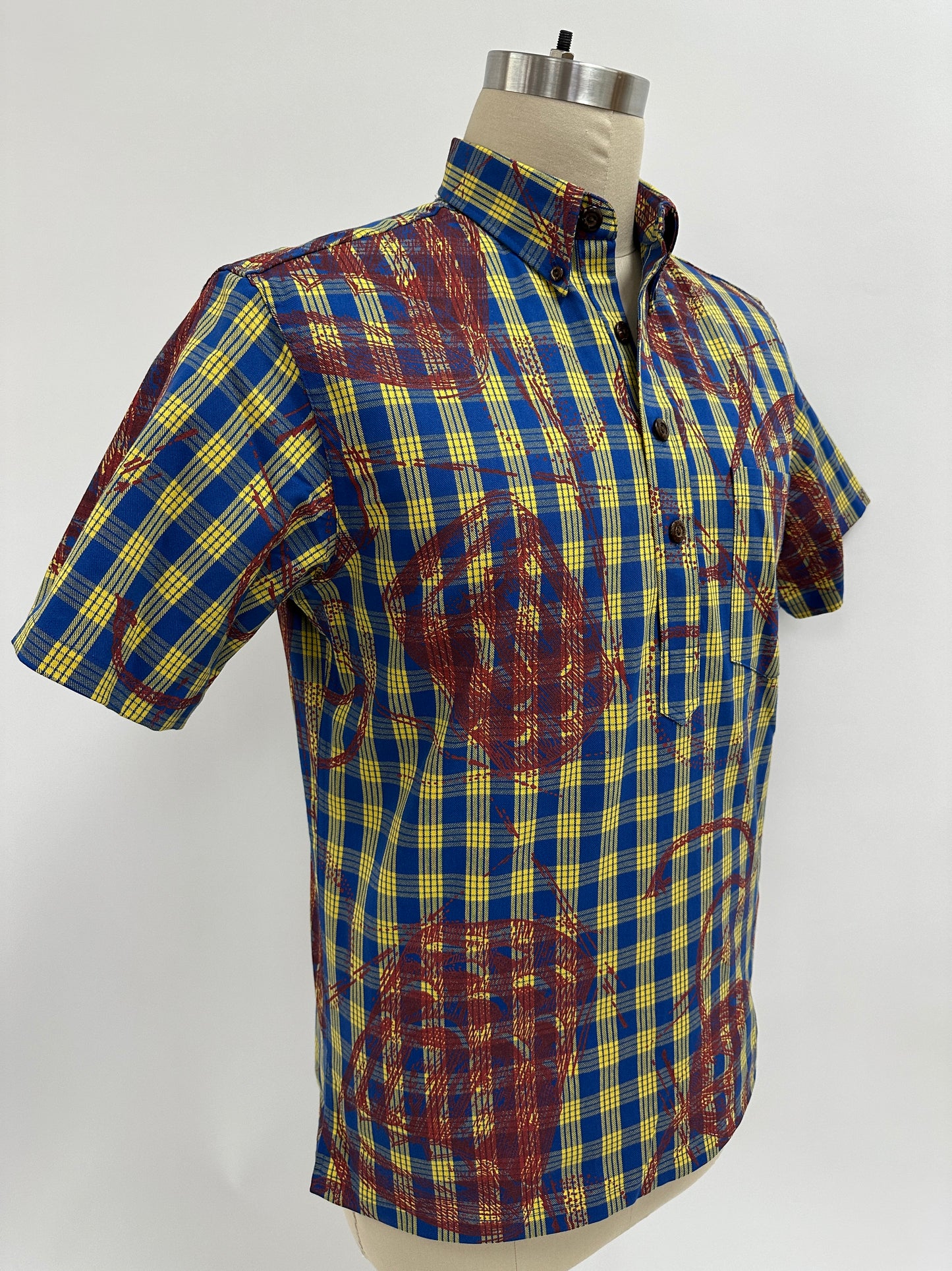 Pull Over Aloha Shirt | Pahu-Puniu Drum | Paprika on Blue & Yellow Palaka