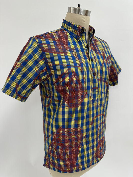 Pull Over Aloha Shirt | Pahu-Puniu Drum | Paprika on Blue & Yellow Palaka