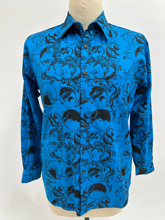 Long Sleeve Button  Down Shirt | Coral Reef | Black on Turquoise