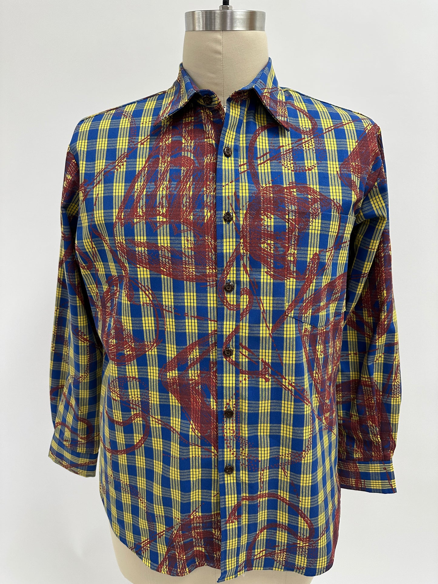 Long Sleeve Button  Down Shirt | Pahu Puniu Drum | Paprika on Blue & Yellow Palaka