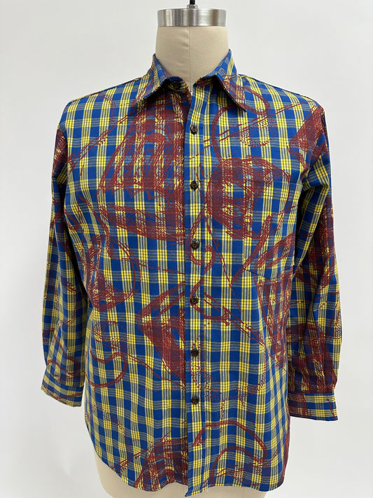 Long Sleeve Button  Down Shirt | Pahu Puniu Drum | Paprika on Blue & Yellow Palaka