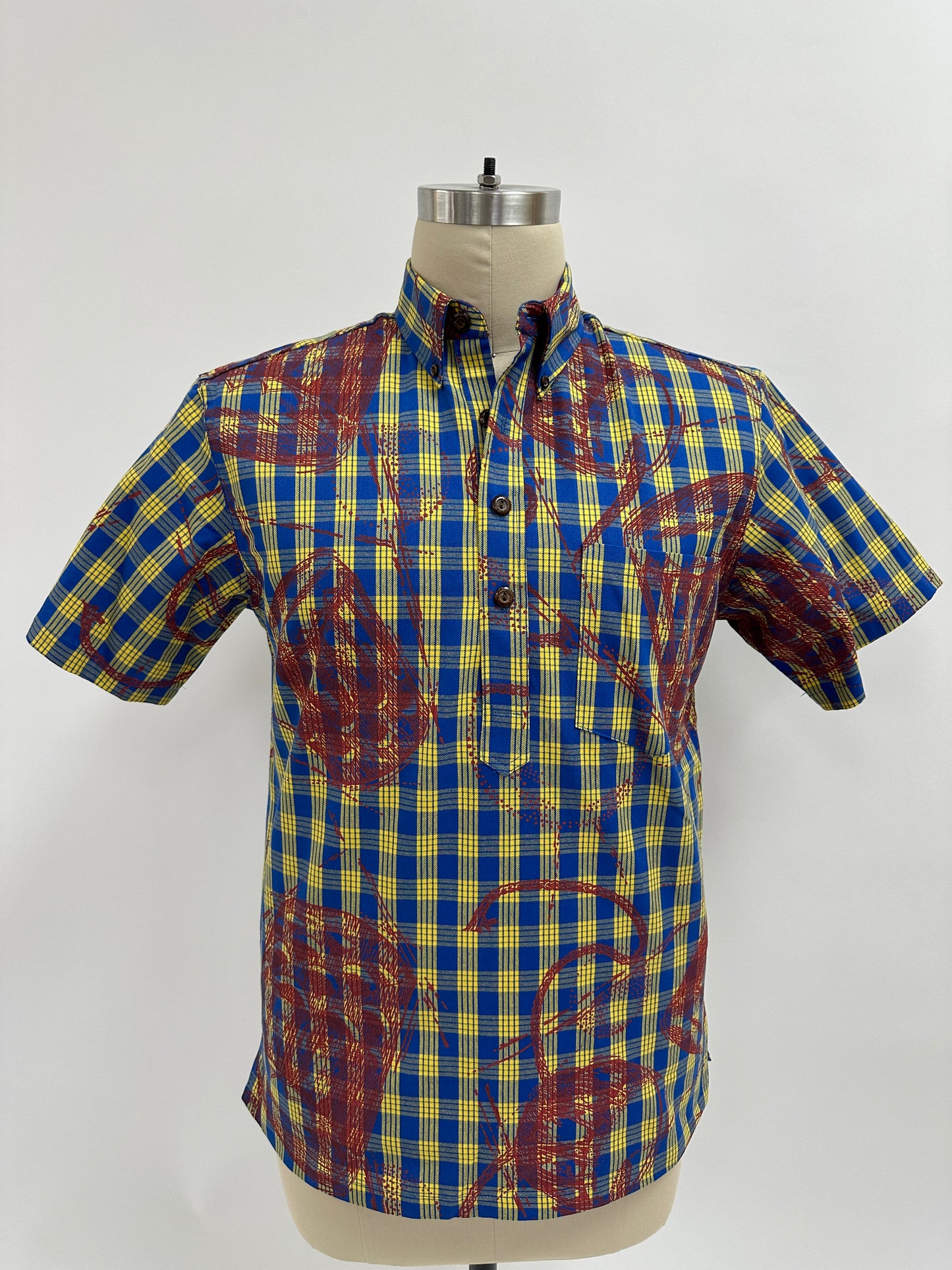 Pull Over Aloha Shirt | Pahu-Puniu Drum | Paprika on Blue & Yellow Palaka