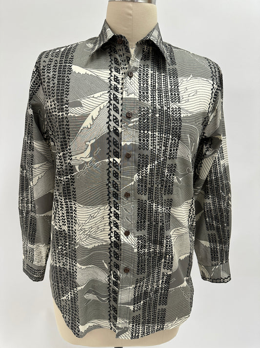 L/S Button Down Aloha Shirt | Ohe Kapala on Whale Print | Black on Grey