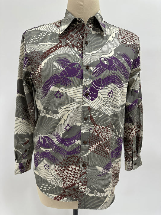 L/S Button Down Aloha Shirt | Fans & Shells on Whale Print | Brown & Hibiscus on Grey
