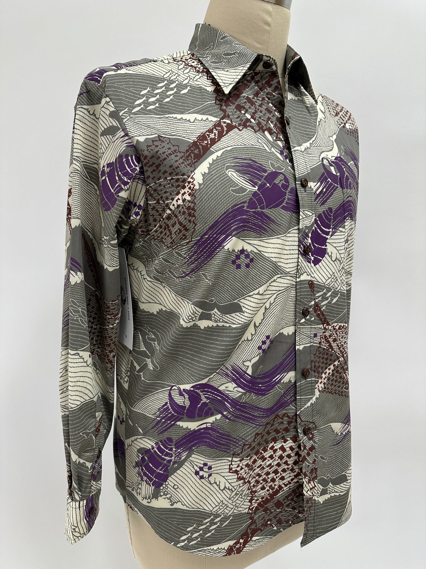 L/S Button Down Aloha Shirt | Fans & Shells on Whale Print | Brown & Hibiscus on Grey