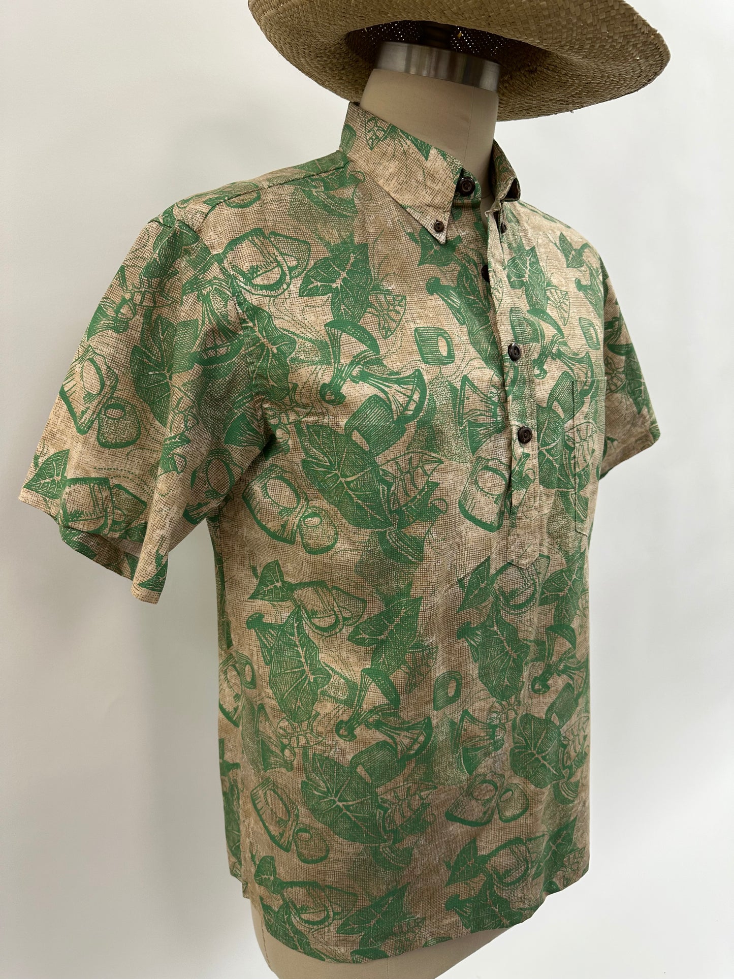 Pull Over Aloha Shirt | Poi Pounder | Green on Beige