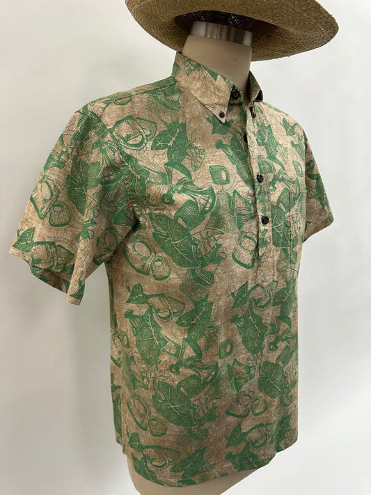Pull Over Aloha Shirt | Poi Pounder | Green on Beige