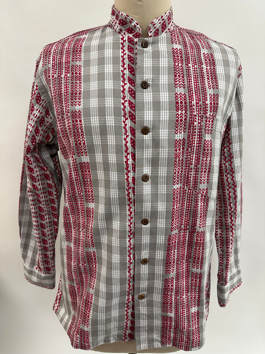 Nehru collar-Long Sleeve Button Down Shirt | Ohe Kapala   | Red on Gray Palaka