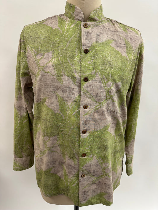 Nehru collar-Long Sleeve Button Down Shirt | Ulu   | Green on Chalk & Charcoal