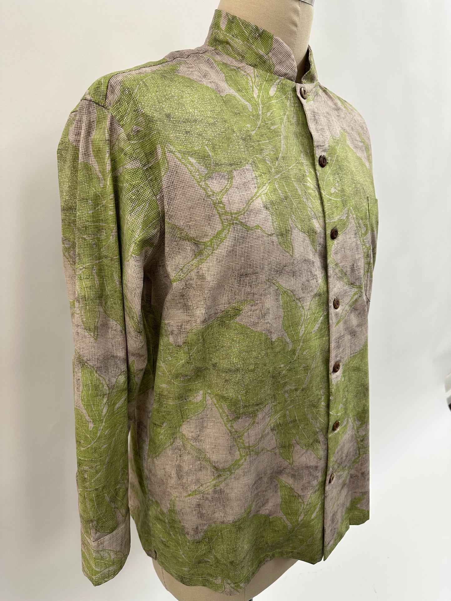 Nehru collar-Long Sleeve Button Down Shirt | Ulu   | Green on Chalk & Charcoal
