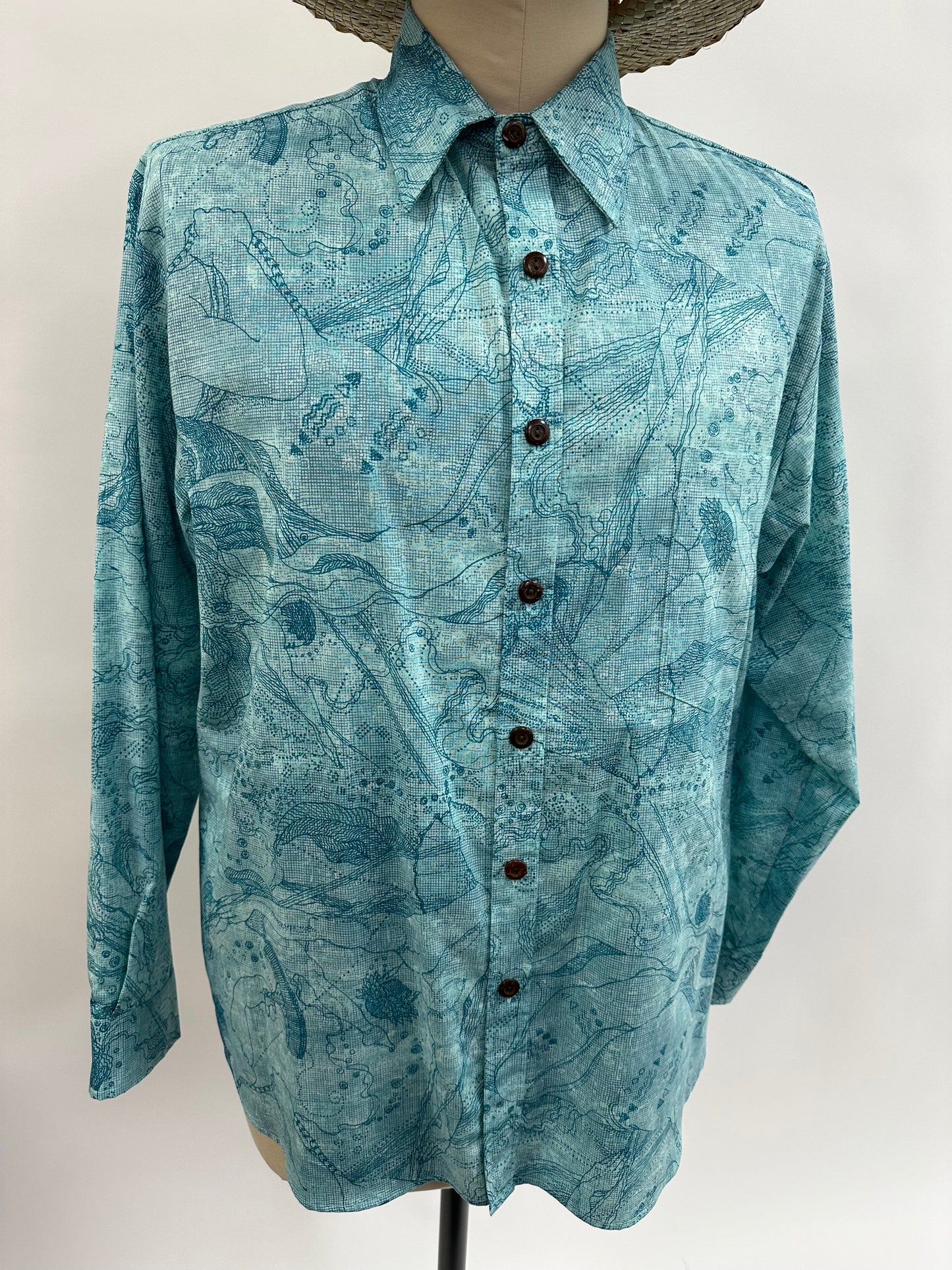 Long Sleeve Button  Down Shirt | Sea Dreams | Teal on print