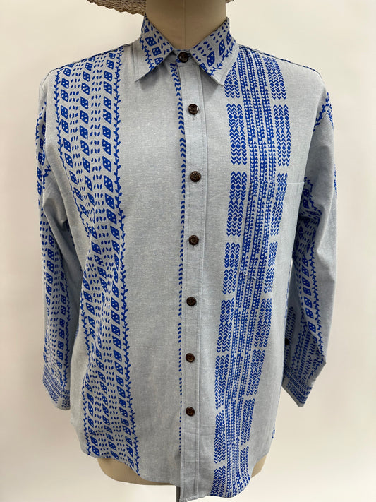 Long Sleeve Button  Down Shirt | Ohe Kapala  | Light Blue on Blue