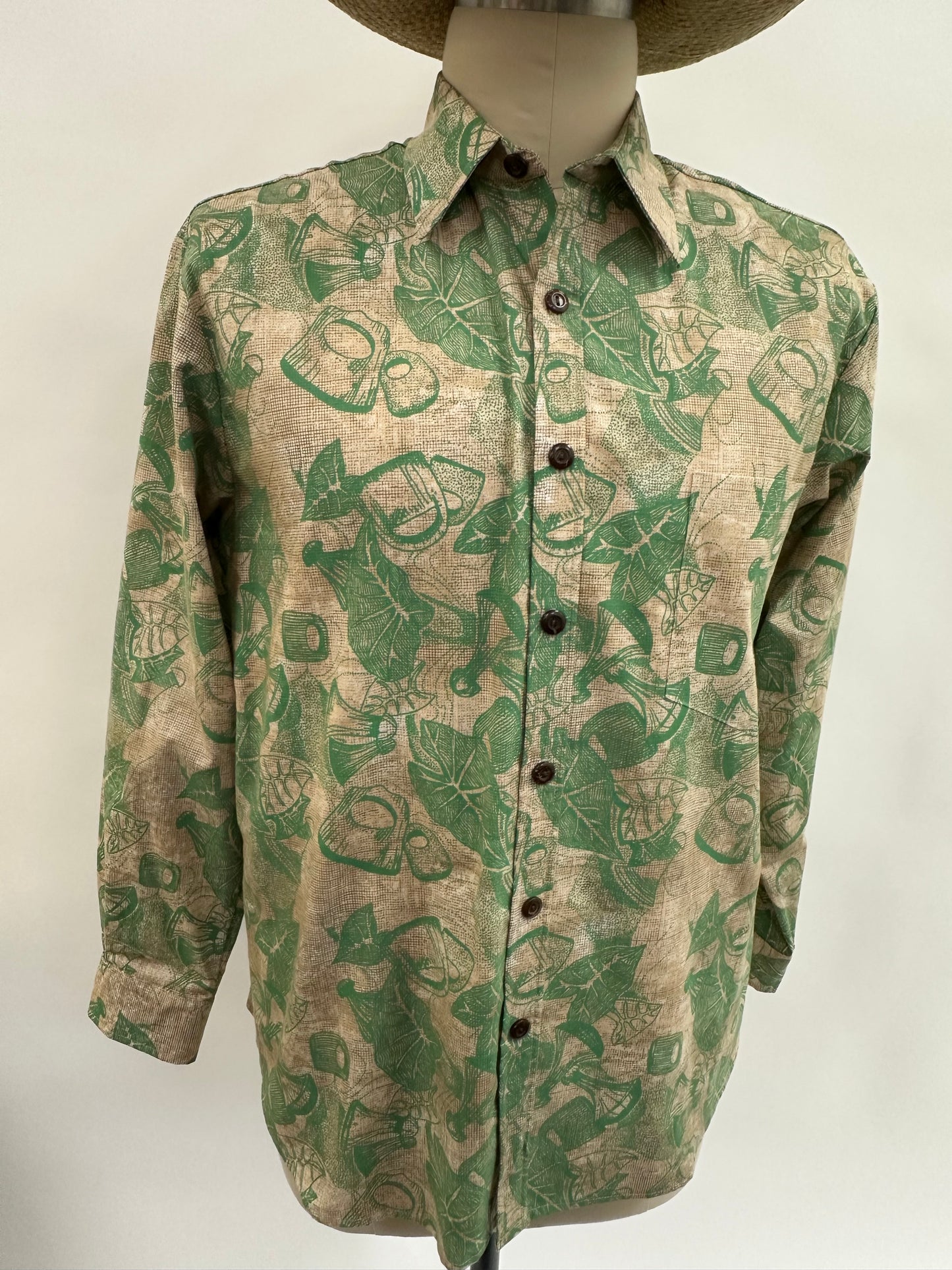 Long Sleeve Button  Down Shirt | Poi Pounder | Beige on Green