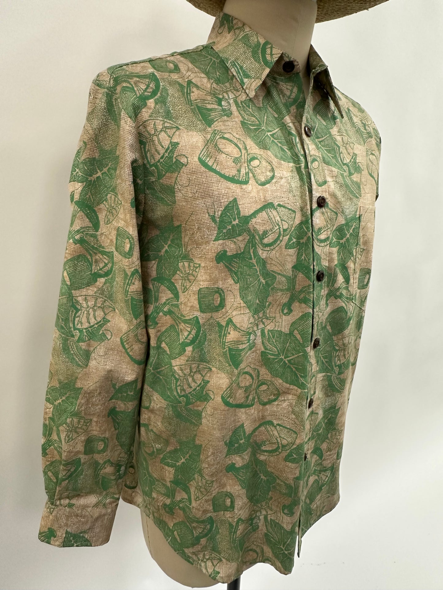 Long Sleeve Button  Down Shirt | Poi Pounder | Beige on Green