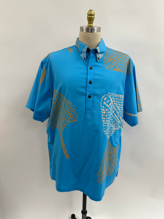 Pull Over Aloha Shirt | Lauhala Fans | Camel Beige on Sky Blue