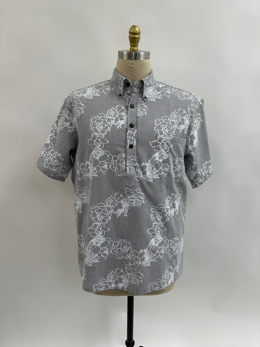 Pull Over Aloha Shirt | Gardenia Kiele | White on Gray Seer-Sucker