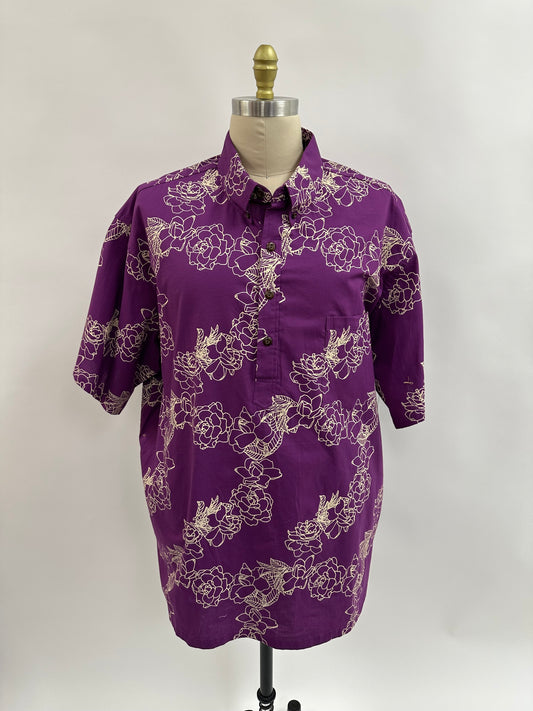 Pull Over Aloha Shirt | Gardenia Kiele | Cream on Purple
