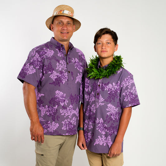 Pull Over Aloha Shirt | ʻIwaʻiwa Liʻi | Lavender & Violet on Purple