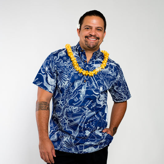 Pull Over Aloha Shirt | Sea Dreams | White on Blue